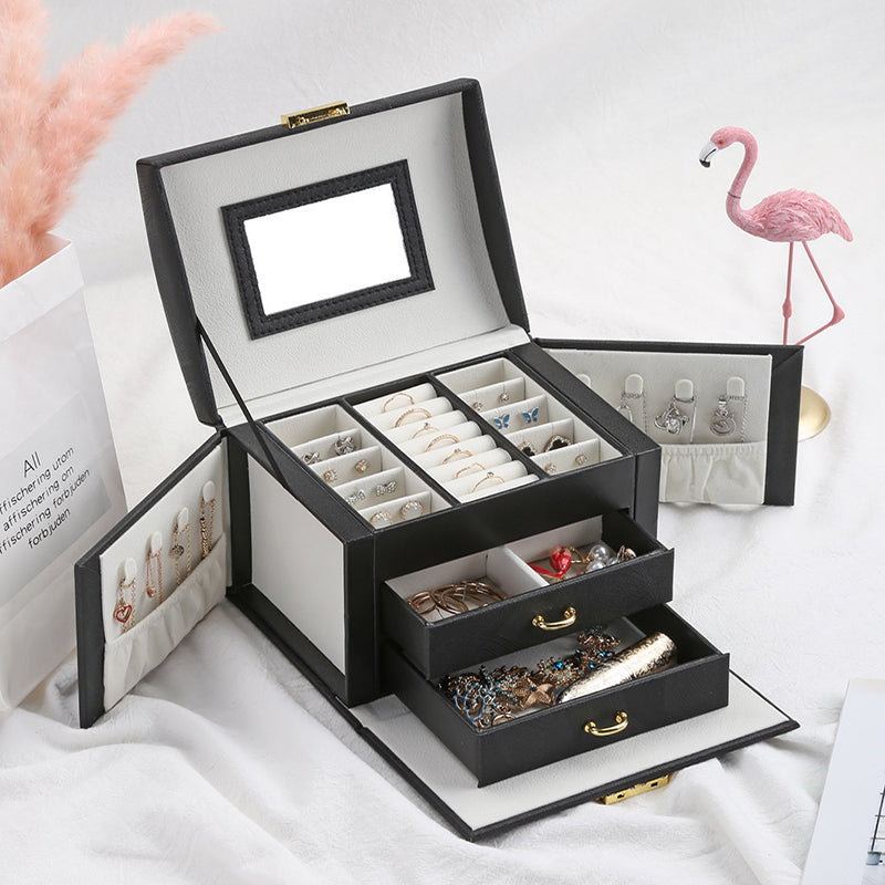 Jewelry Storage Organiser Drawers Box Travel Makeup Cosmetic Case & Mirror Leather Wedding Decoration Gift | 2EO.World - 2EO.World